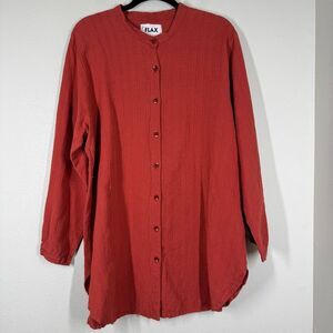 Flax Linen Blend Button Front Tunic Top Rust Red Vertical Ribbed Stripe Medium